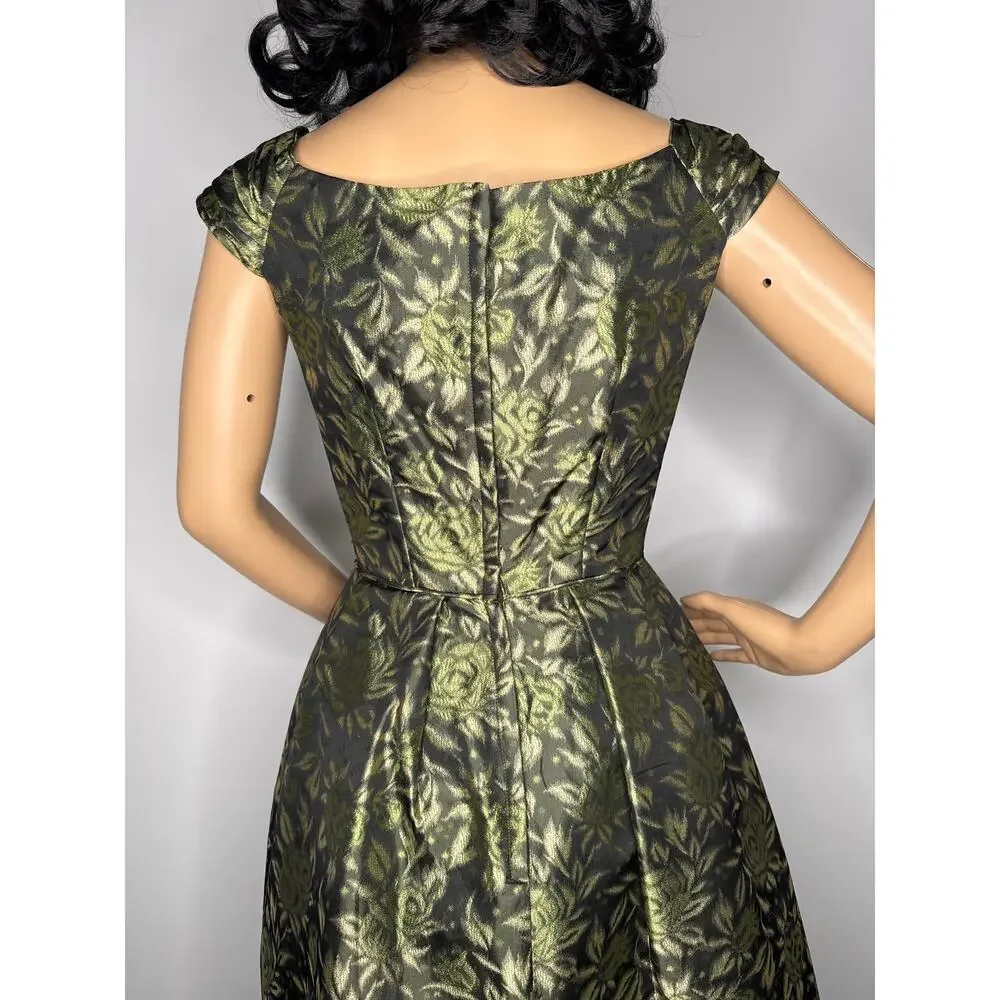 Vintage 1950s Olive Gold Brocade Cocktail Dress with Boned Bodice  XS